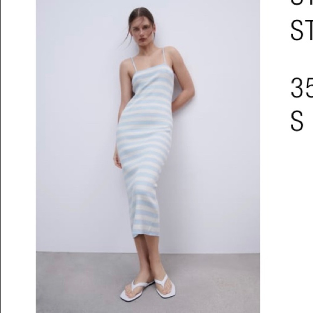 Zara knit striped blue light green and peach dress size small midi